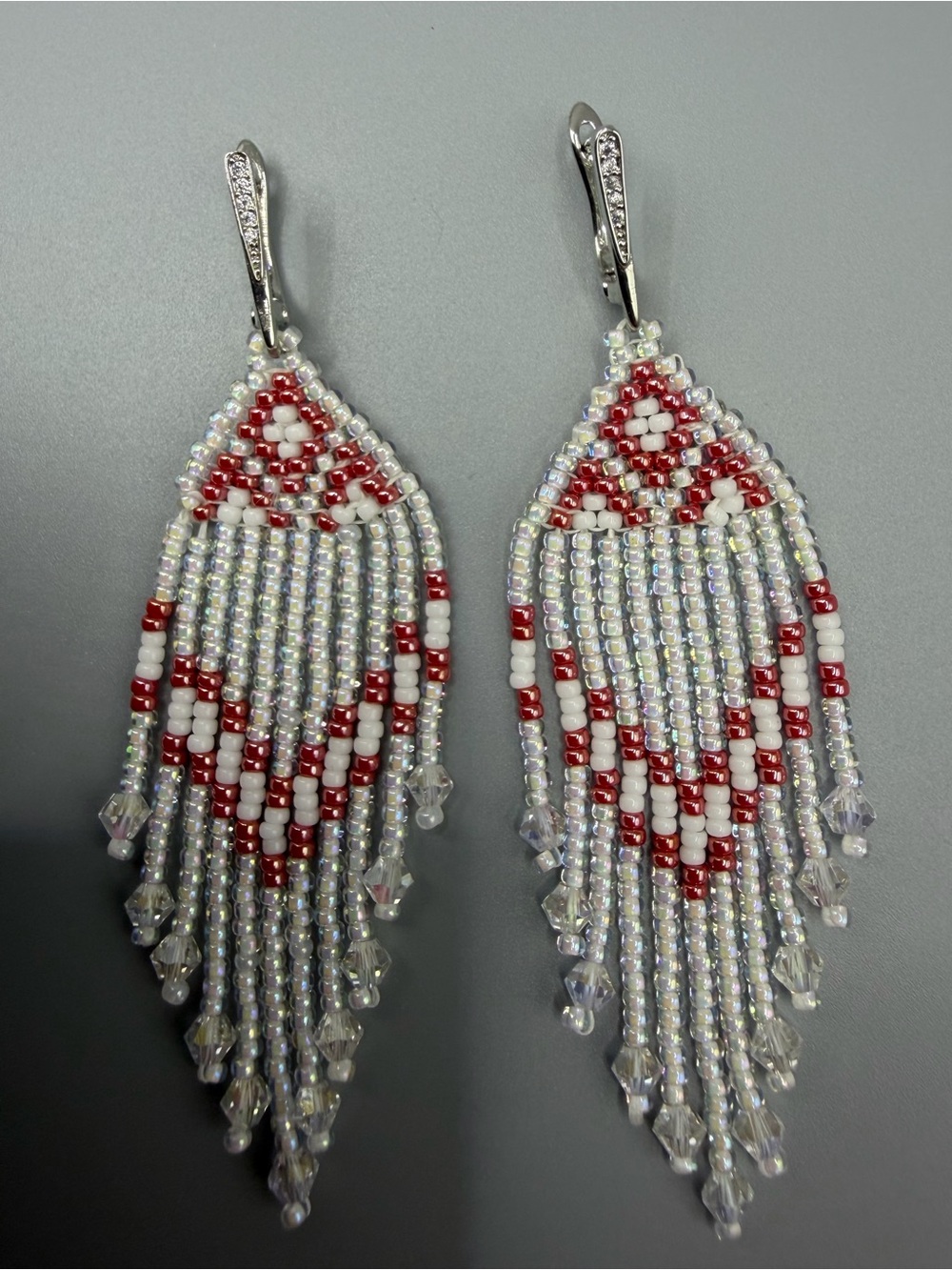 Handmade Beaded Fringe Earrings in White & Red - Women Jewelry